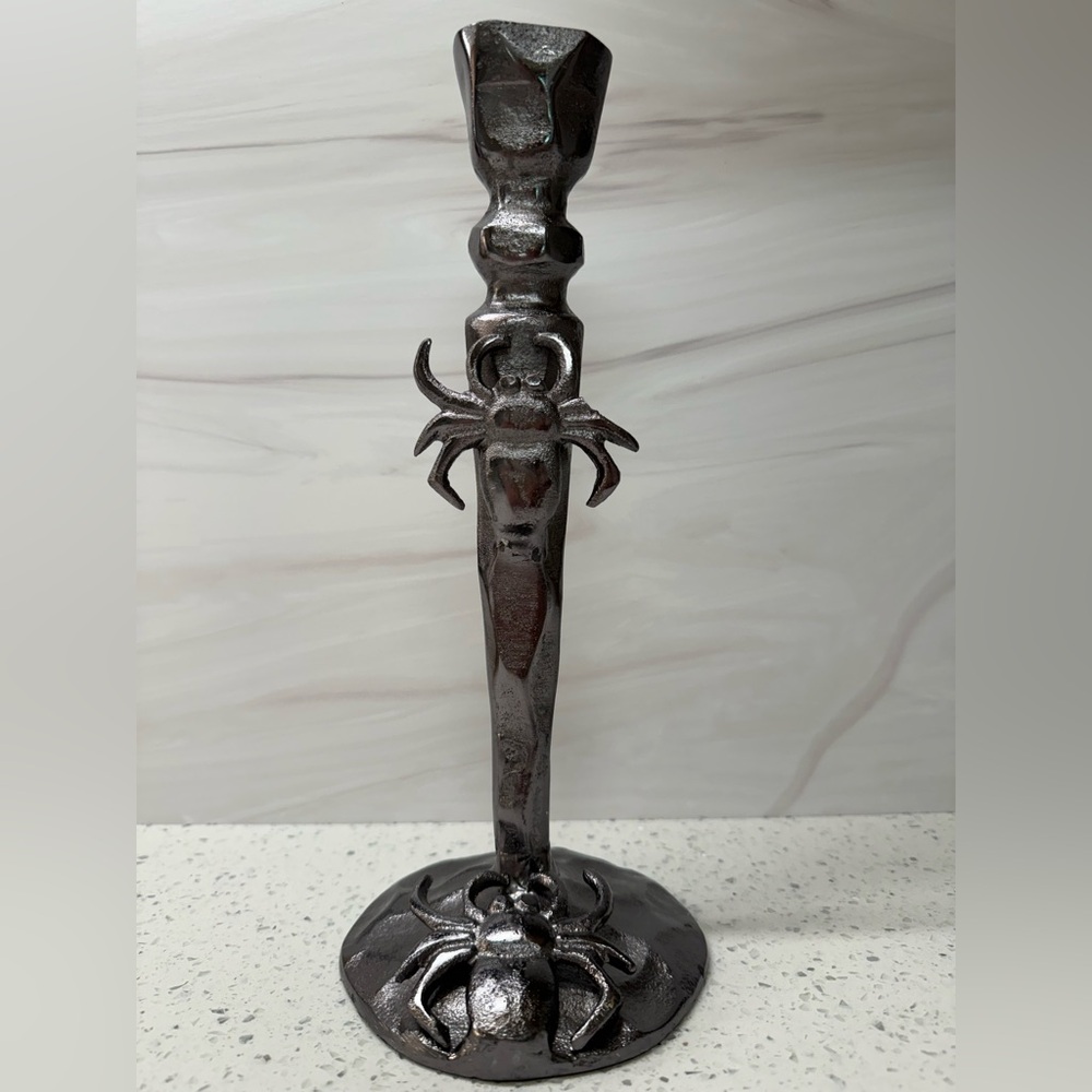 LARGE 15" TALL SILVER BLACK METAL SPIDER CANDLESTICK CANDLE HOLDER DECOR NWT